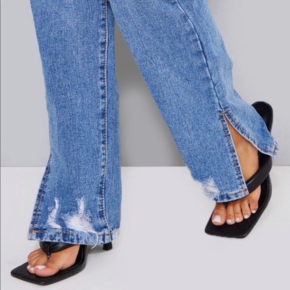 PETITE mid blue ripped split hem jeans - Picture 2 of 6